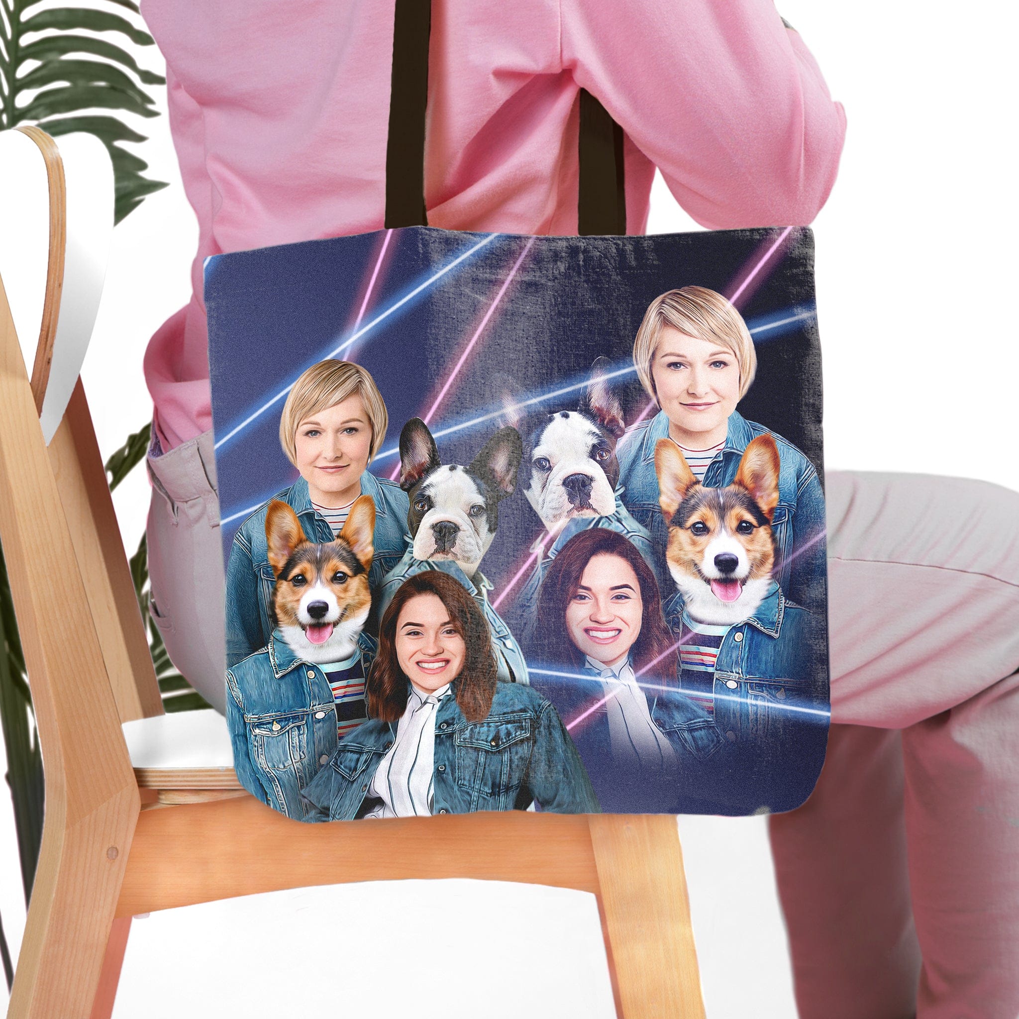 Personalized tote bag with 1980s Lazer Portrait of two females, two corgis, and two French bulldogs.