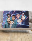 Personalized 1980s Lazer Portrait blanket with 3 men and 2 dogs in denim jackets.