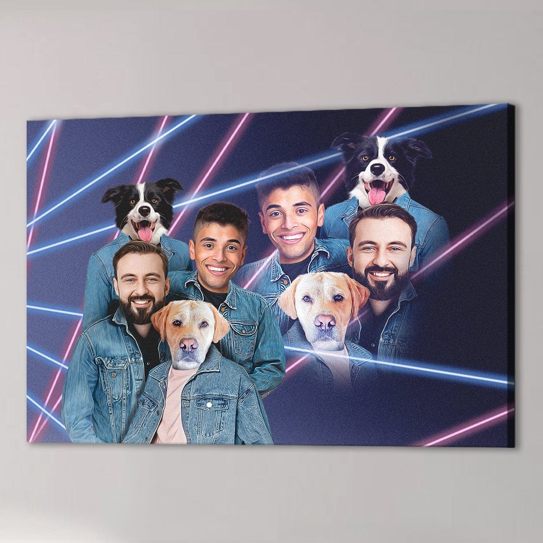Personalized 1980s Lazer Portrait canvas with 3 men and 3 dogs in denim jackets, neon pink and blue lines.