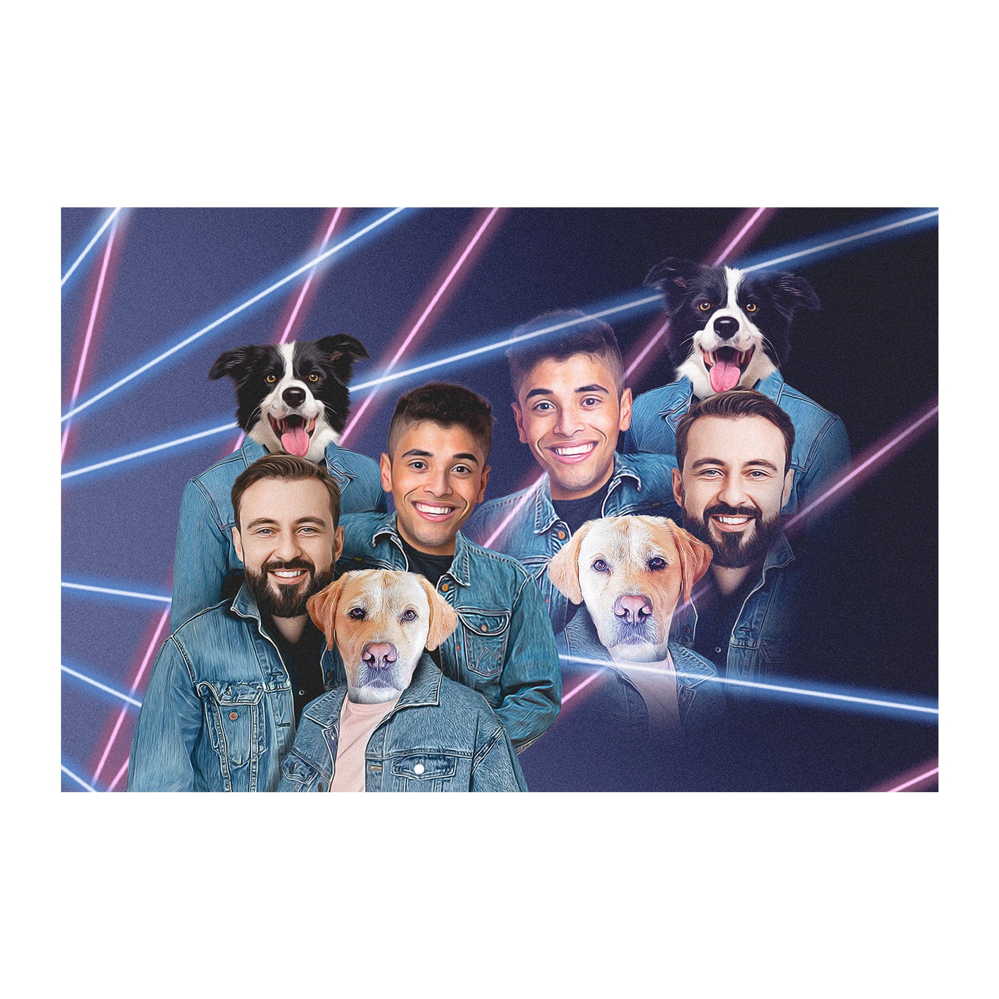Custom 1980s Lazer portrait of three men and three dogs in denim jackets with neon lines.