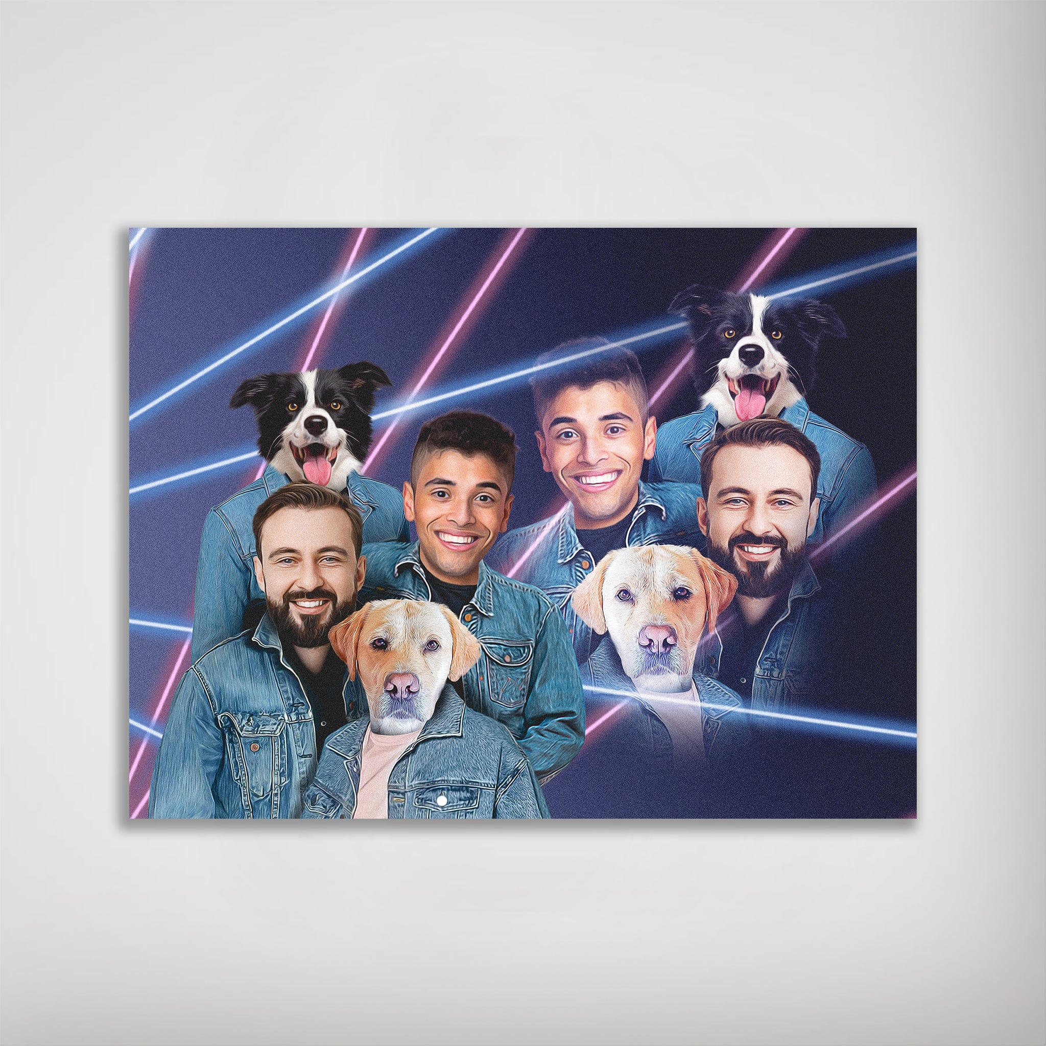Personalized 1980s Lazer Portrait poster featuring four men and two dogs in denim jackets with neon pink and blue lines.