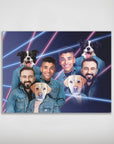 Personalized 1980s Lazer Portrait poster featuring four men and two dogs in denim jackets with neon pink and blue lines.
