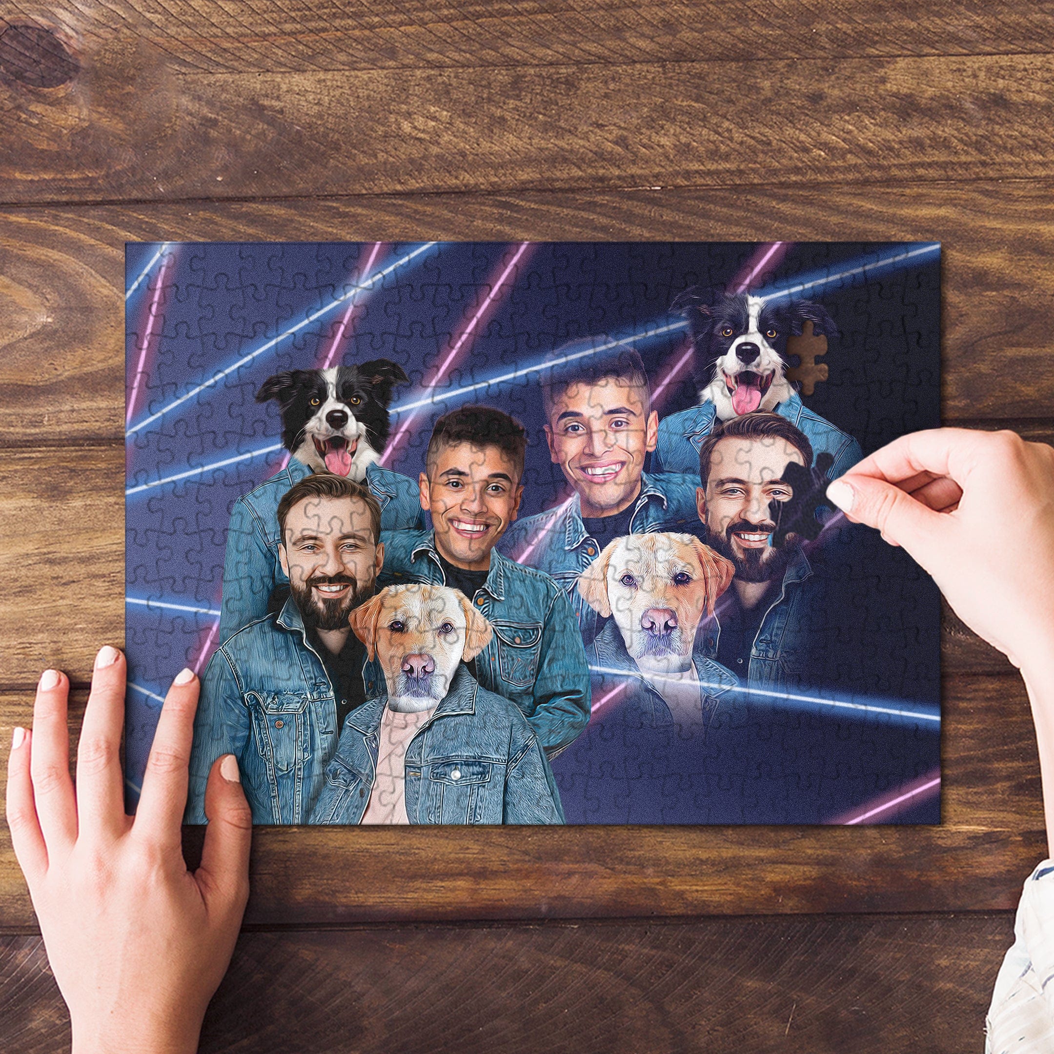 Personalized 1980s Lazer Portrait puzzle with two males and two dogs in denim jackets.