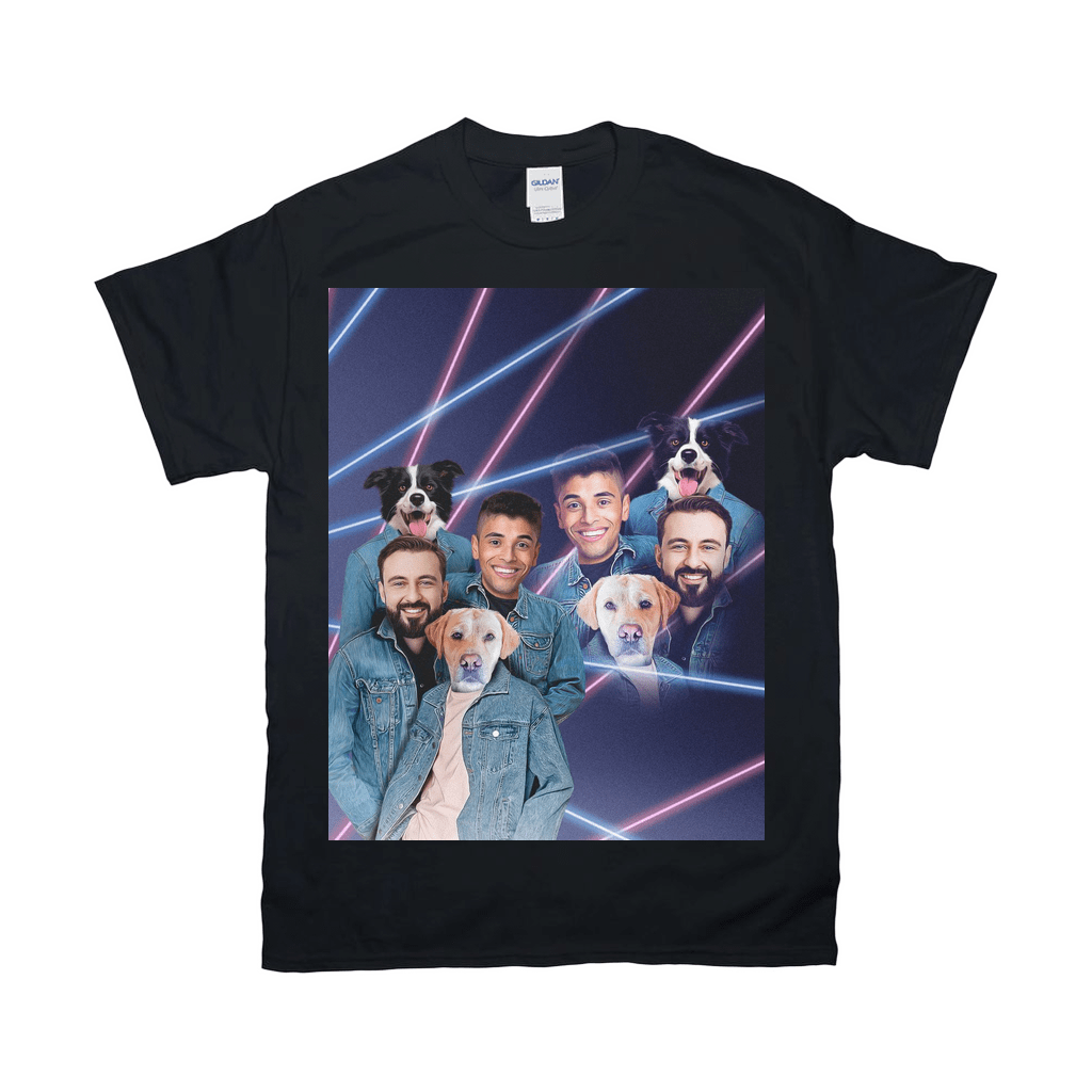 Black Gildan t-shirt with a personalized 1980s lazer portrait of three men and three dogs.