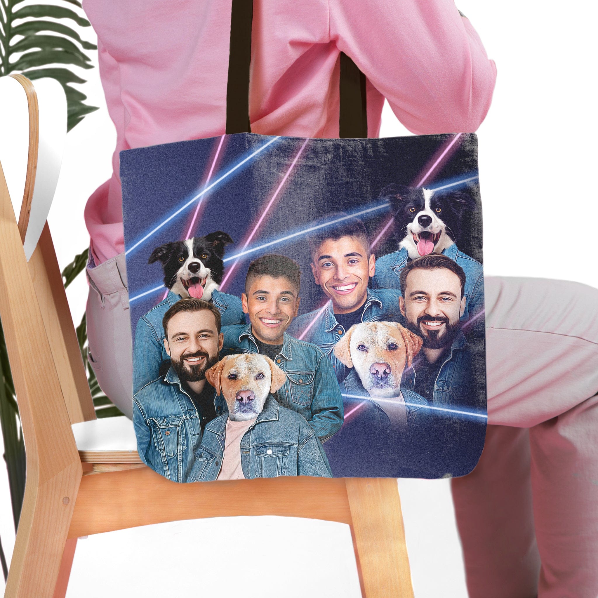 Personalized 1980s Lazer Portrait 2 Pet & Humans(Males) tote bag with dogs and men.