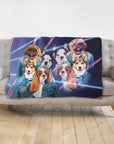 Custom personalized pet blanket with 6 dogs in 80s lazer portrait style, wearing denim jackets.