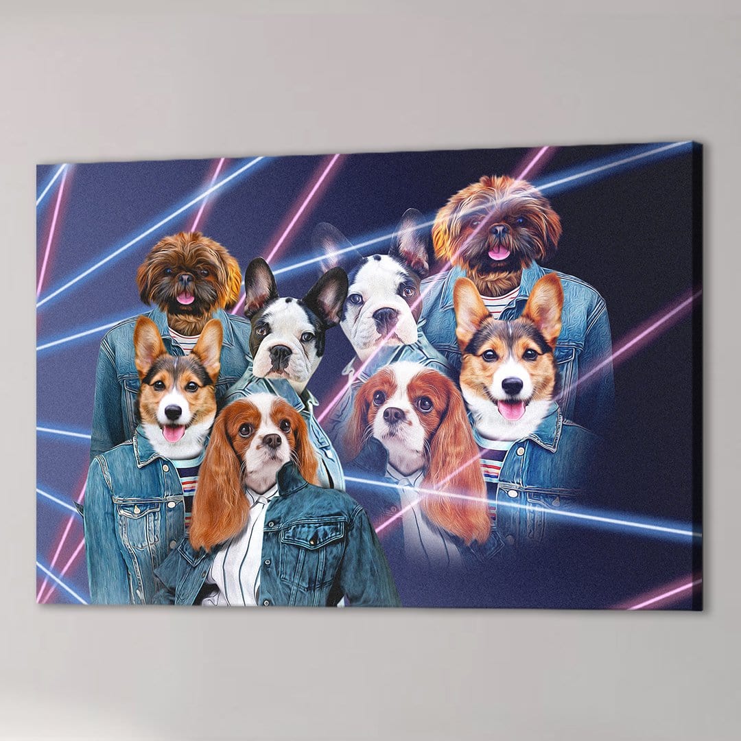 Personalized 1980s Lazer Portrait canvas featuring six pets in denim jackets against neon lines.