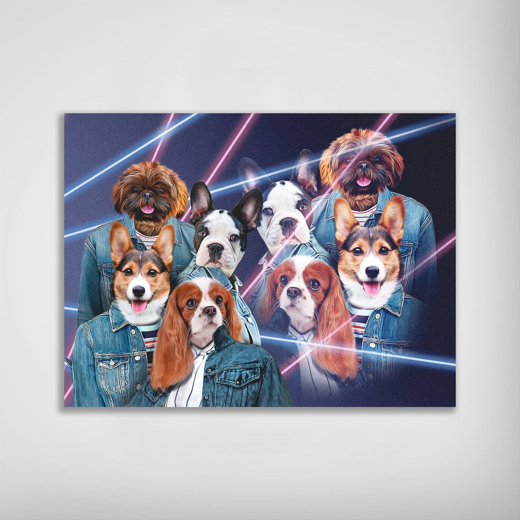 Personalized 1980s Lazer Portrait poster featuring four pets with human bodies in denim jackets.
