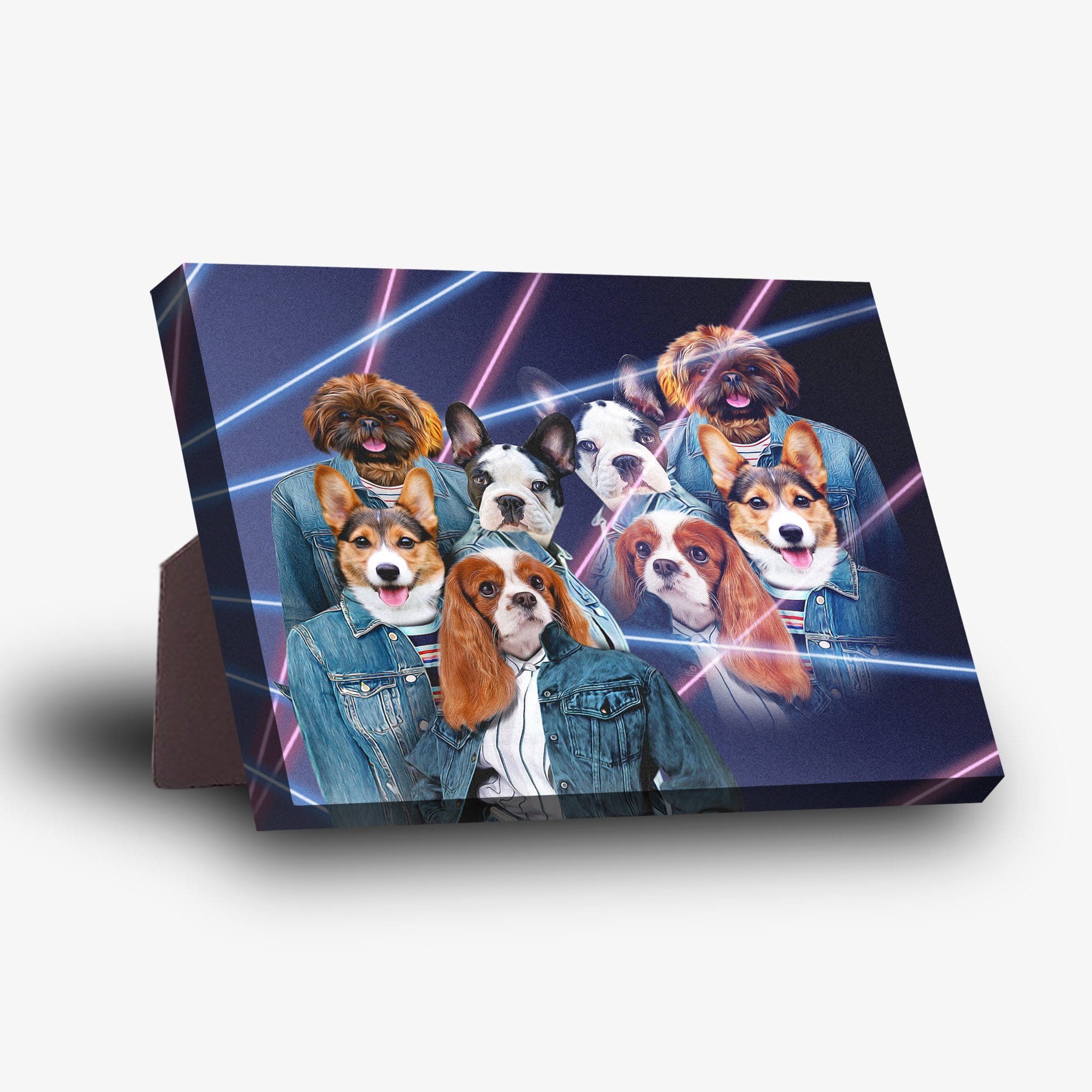 Personalized 1980s Lazer Portrait standing canvas featuring four pets in denim jackets.