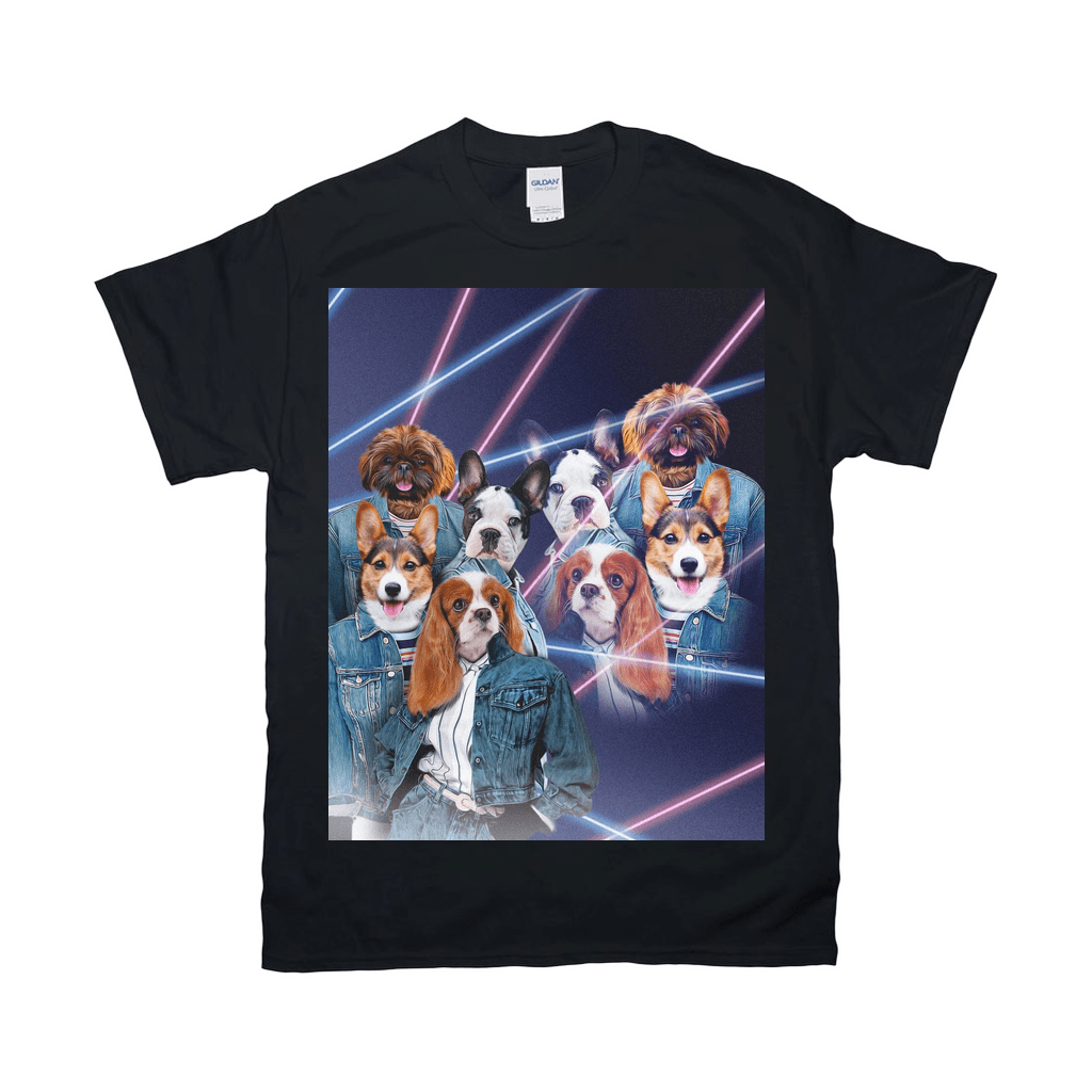 Black Gildan tee with a '1980s Lazer Portrait' featuring four dogs in denim jackets.