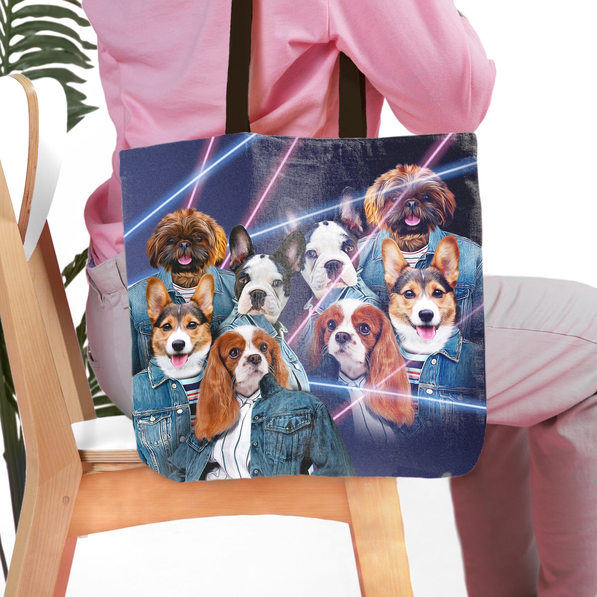 Personalized tote bag with 4 pets in '1980's Lazer Portrait (4 Females)' style.