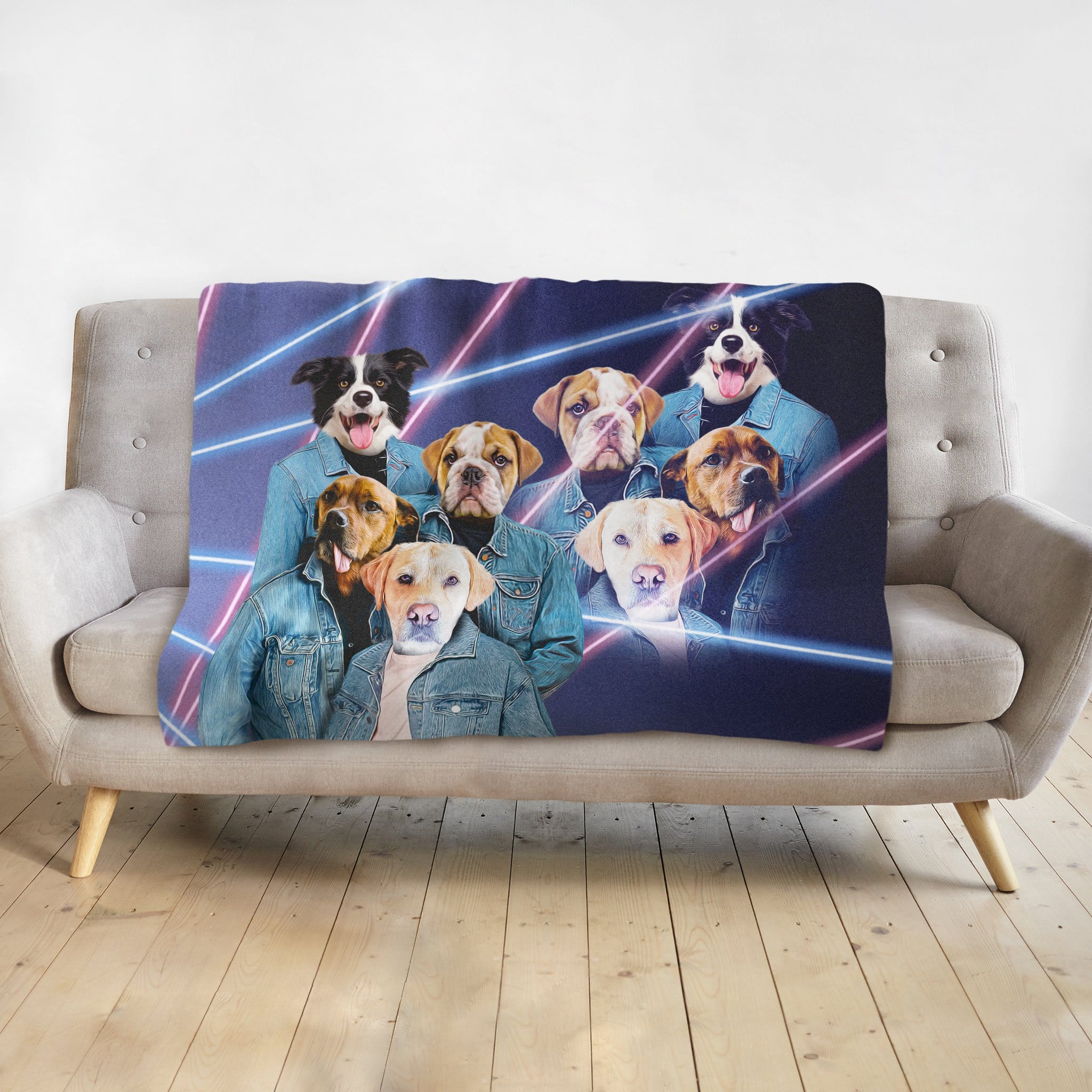Personalized minky blanket with a custom 1980s Lazer Portrait of 7 dogs in denim jackets.