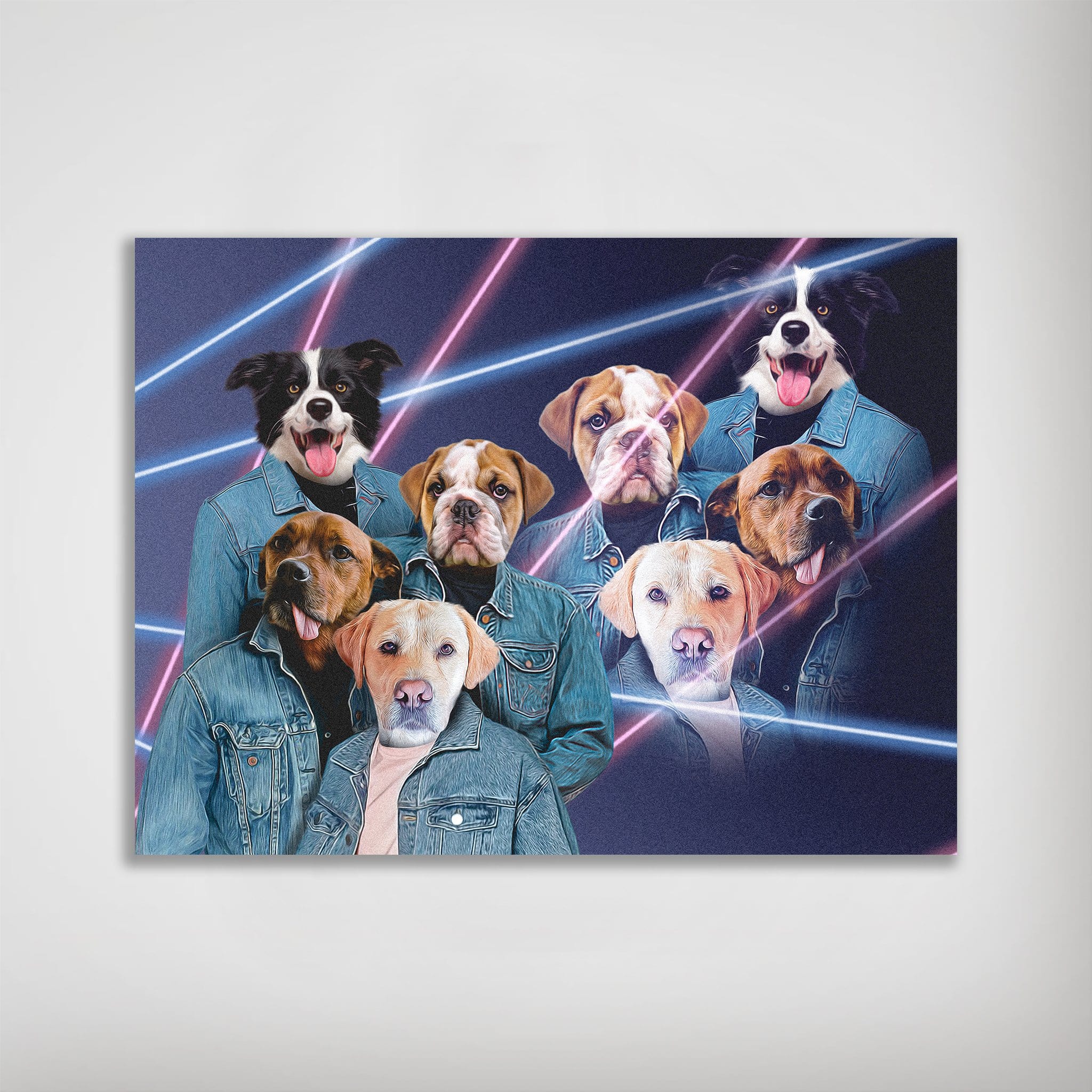 Personalized '80s Lazer Portrait poster featuring eight pets in denim jackets with neon pink and blue lines.