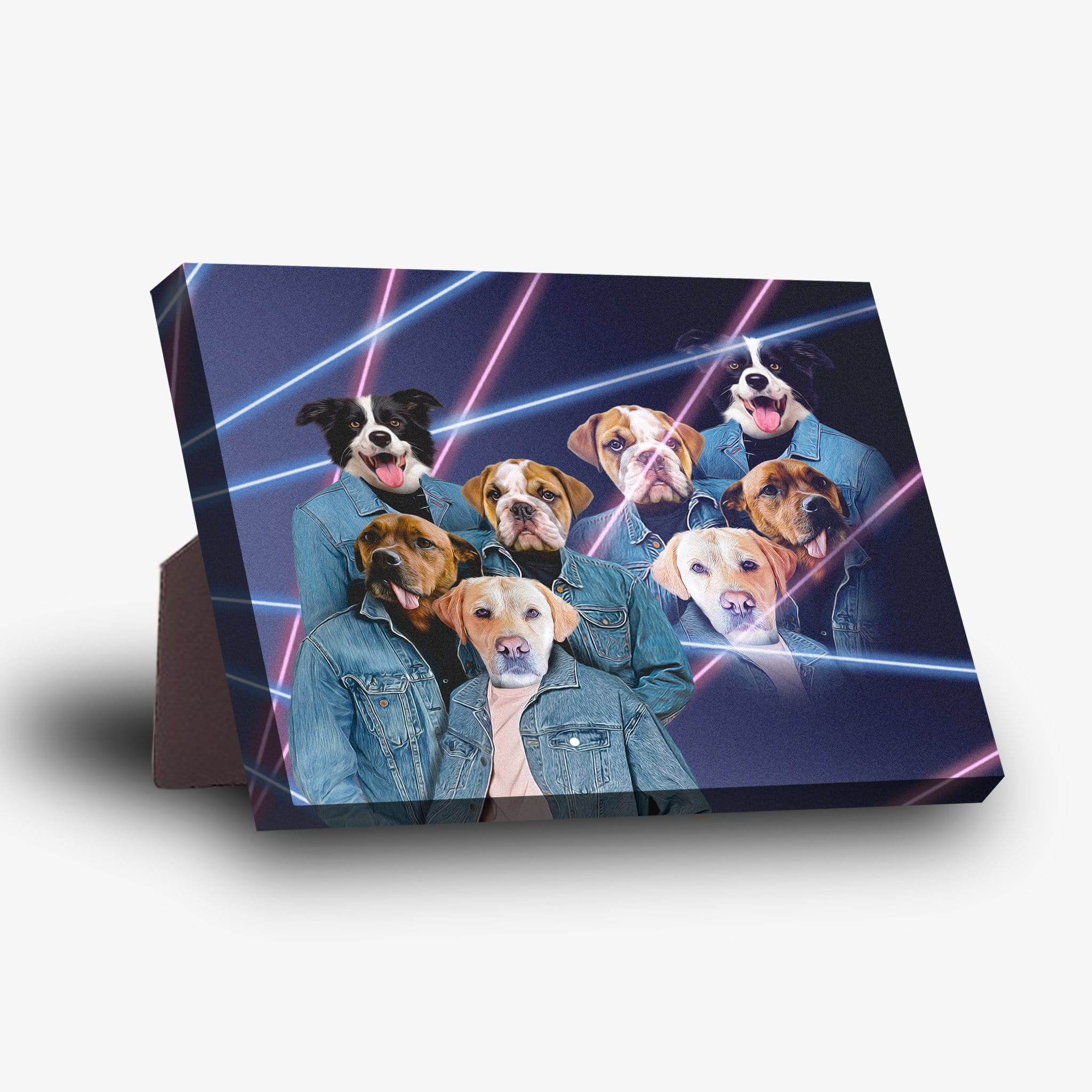 Personalized 4 pet standing canvas in 1980s lazer portrait style with dogs in denim jackets.
