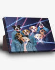 Personalized 4 pet standing canvas in 1980s lazer portrait style with dogs in denim jackets.