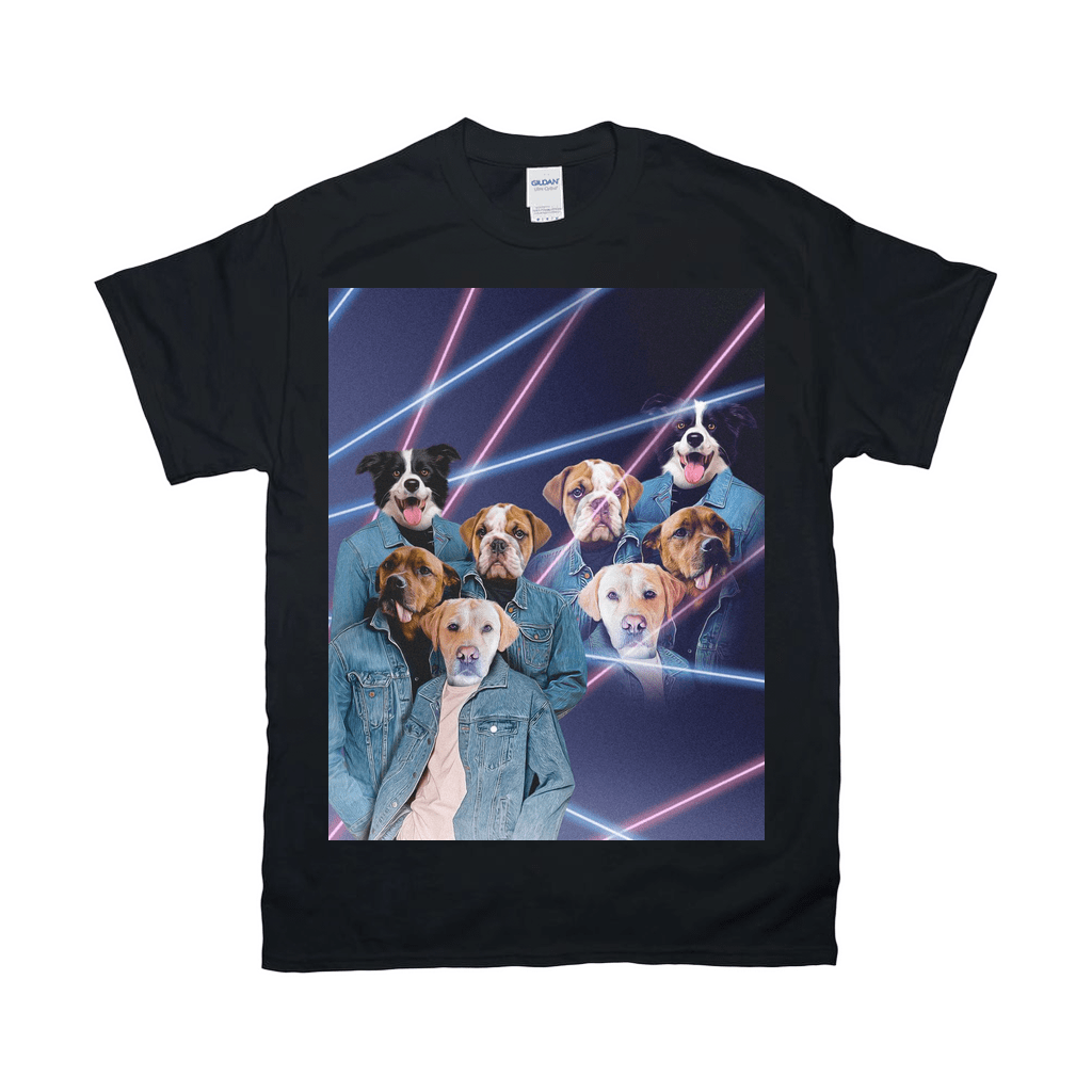 Black Gildan t-shirt with a 1980s lazer portrait of four dogs in denim jackets.