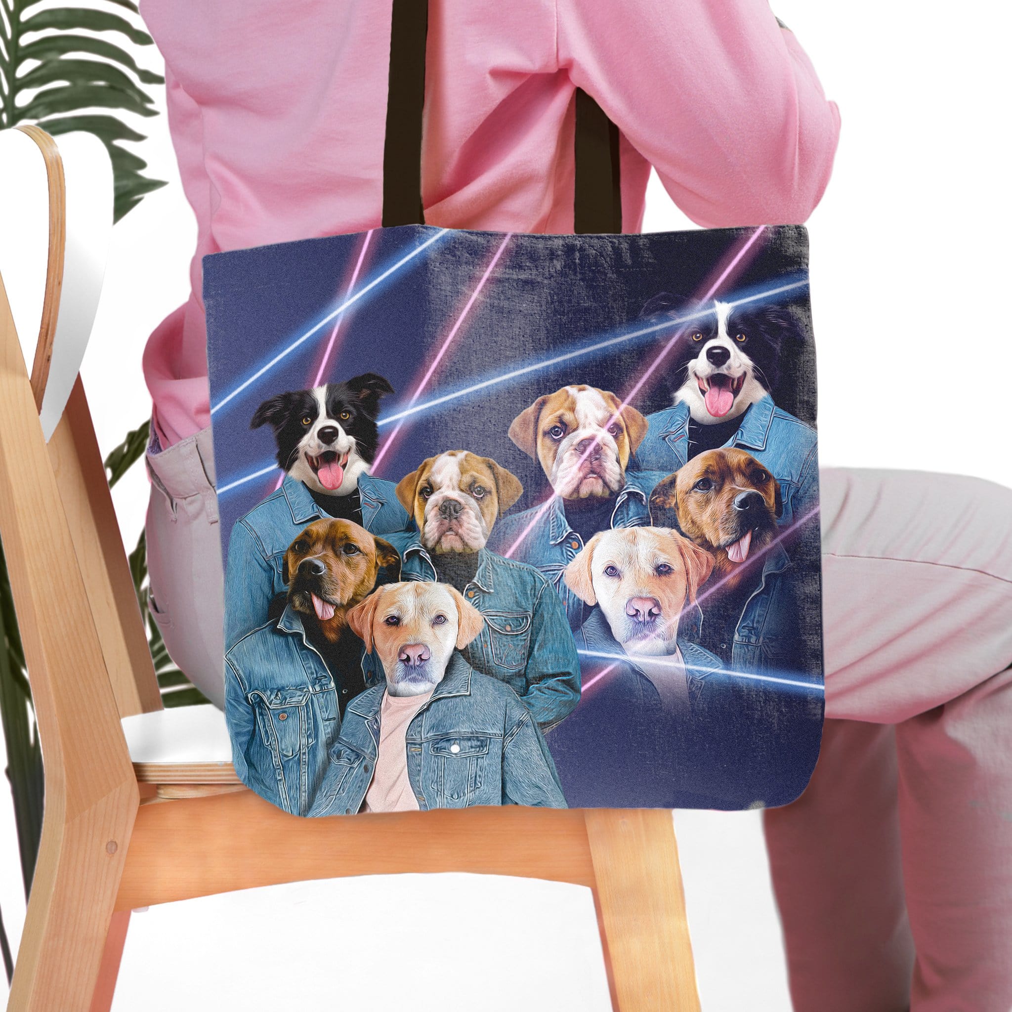 Personalized 4-pet tote bag with dogs in 1980s lazer portrait style.
