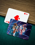 Personalized playing cards featuring a custom '1980s Lazer Portrait' of multiple dogs on a green felt table.