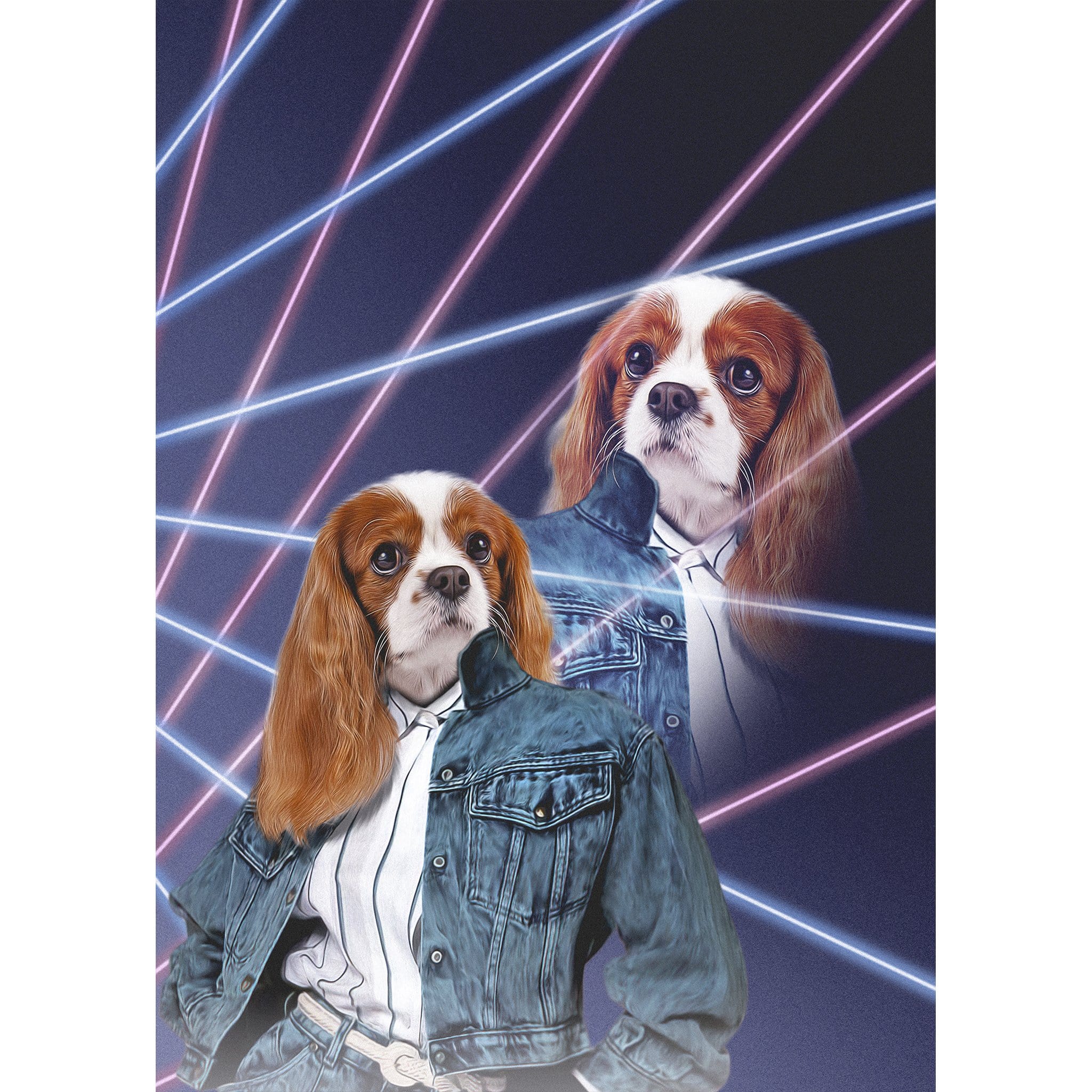 Personalized 1980s Lazer Portrait of two Cavalier King Charles Spaniel dogs in denim jackets.