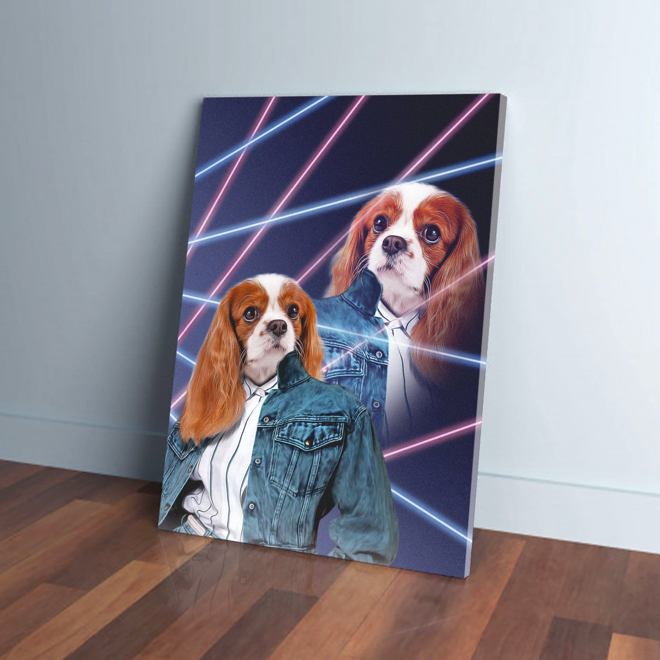 Personalized pet canvas featuring a Cavalier King Charles Spaniel in a 1980s lazer portrait style.