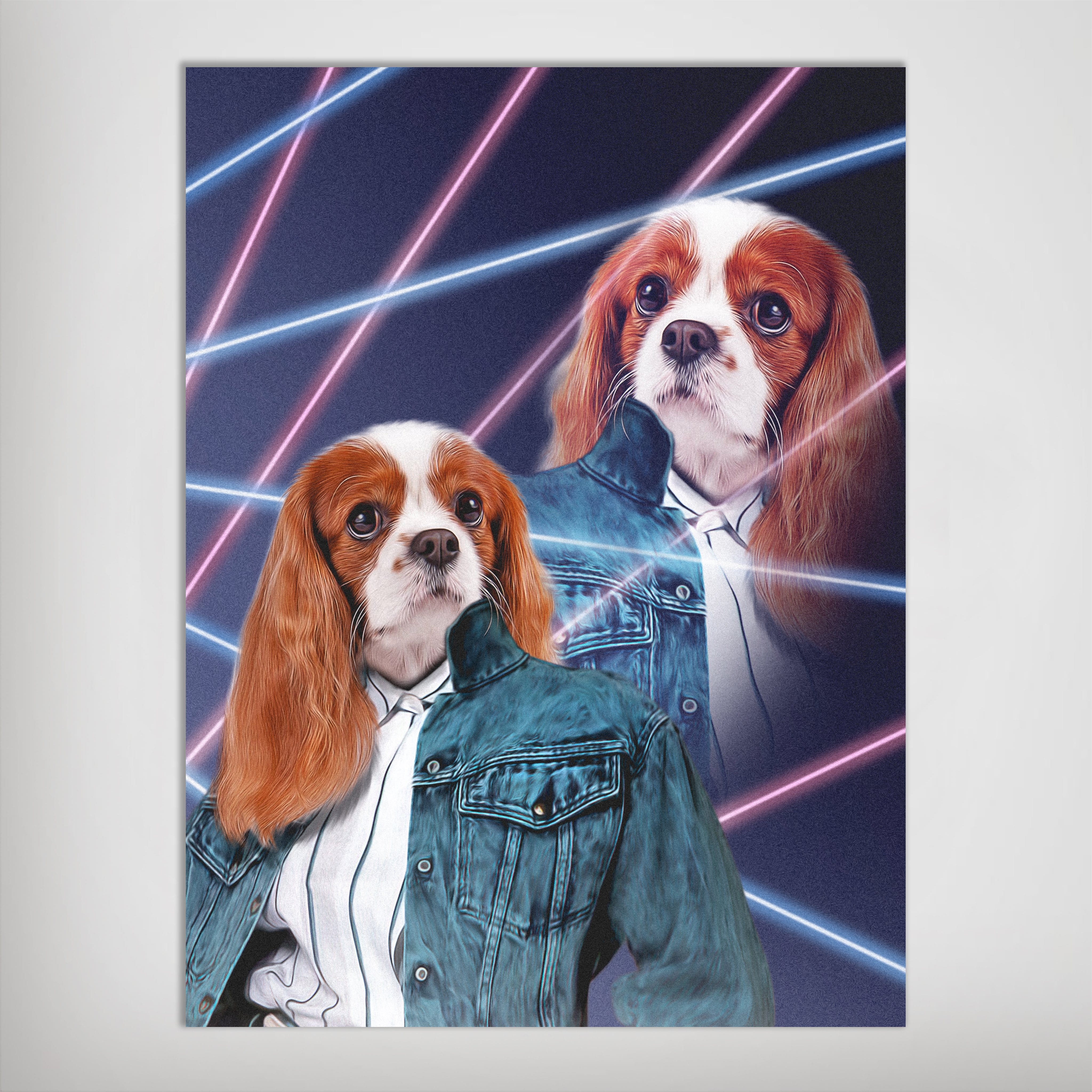 Personalized '1980s Lazer Portrait' poster featuring a Cavalier King Charles Spaniel in a denim jacket with neon pink and blue laser lines.