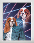 Personalized '1980s Lazer Portrait' poster featuring a Cavalier King Charles Spaniel in a denim jacket with neon pink and blue laser lines.