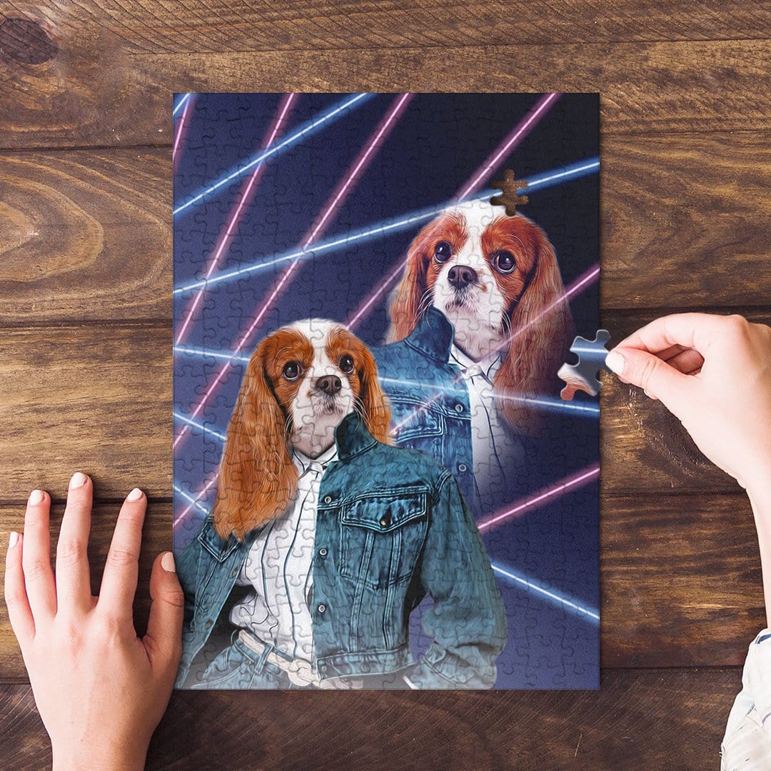 Personalized pet puzzle with two Cavalier King Charles Spaniels in 80s lazer portrait style.