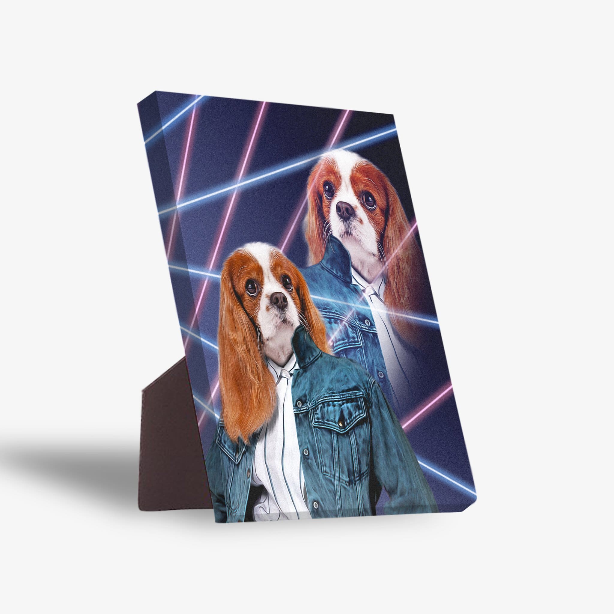 Two Cavalier King Charles Spaniels in 80s-style denim jackets on a dark canvas with neon grid lines.