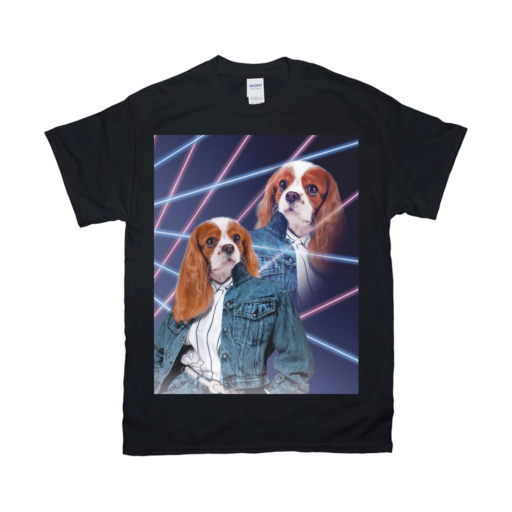 Black Gildan t-shirt with a personalized 1980s lazer portrait of two Cavalier King Charles Spaniels in denim jackets.