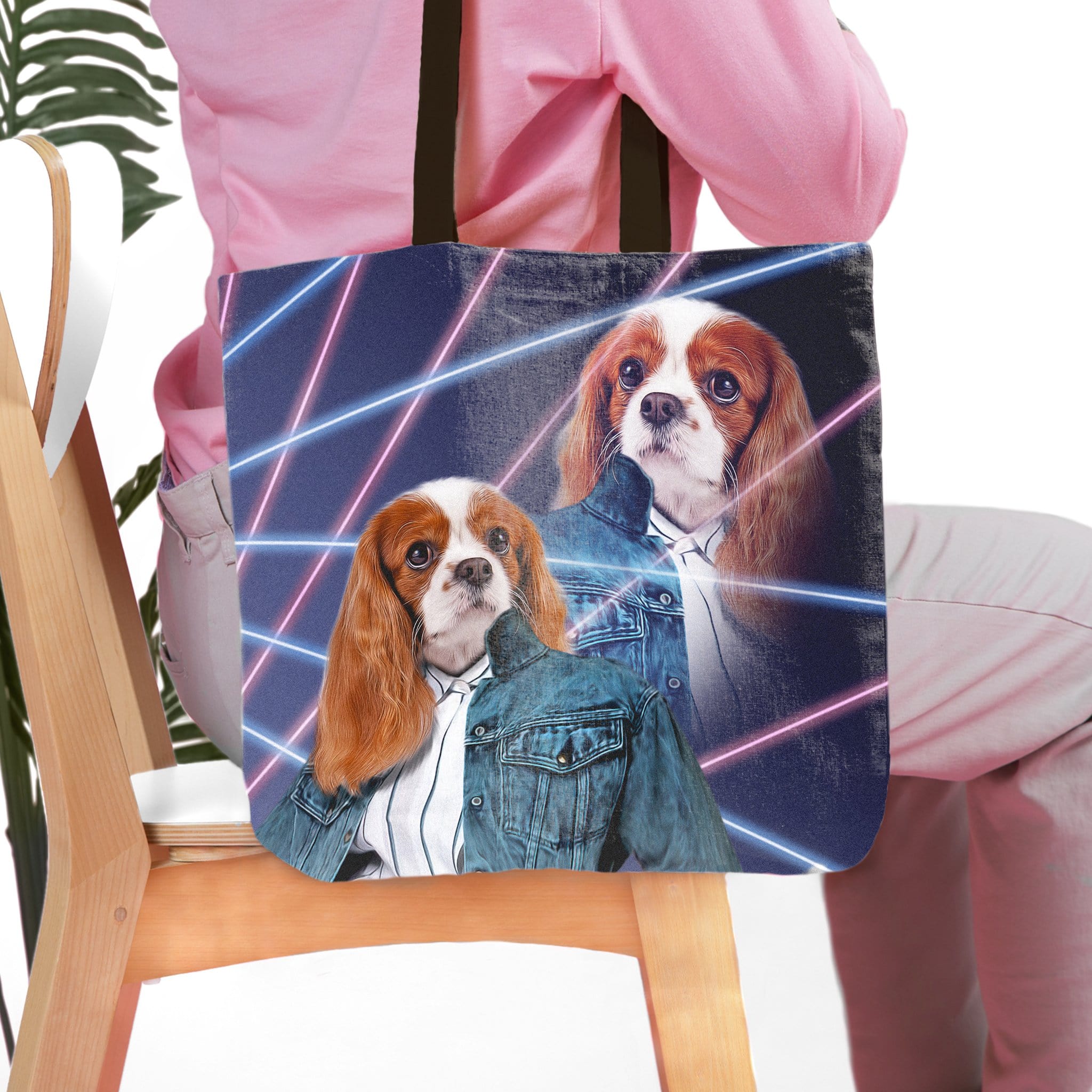 Personalized '80s Lazer Portrait' tote bag with two Cavalier King Charles Spaniel pets in denim jackets.