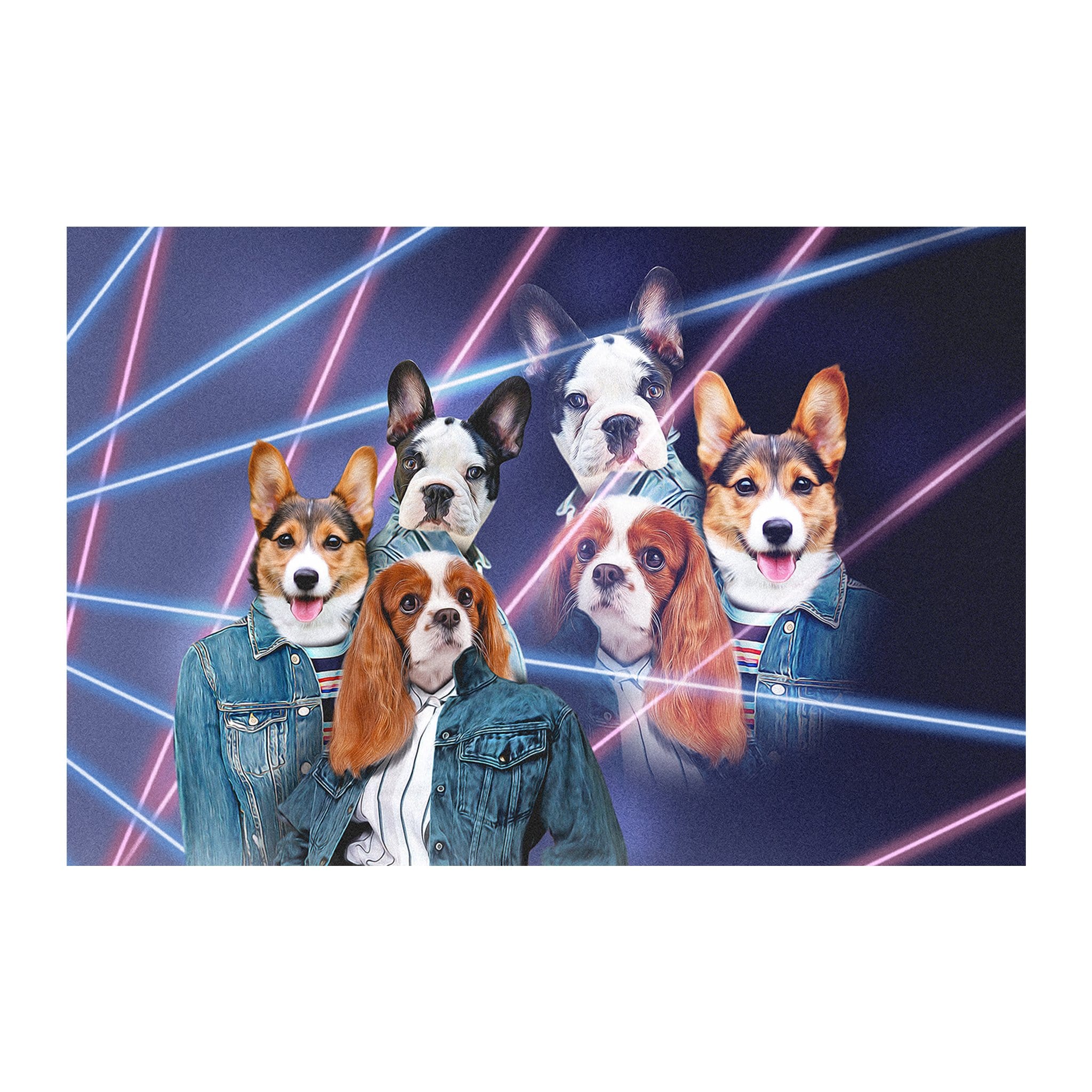 Personalized 1980s Lazer Portrait of three dogs in denim jackets with neon lines.