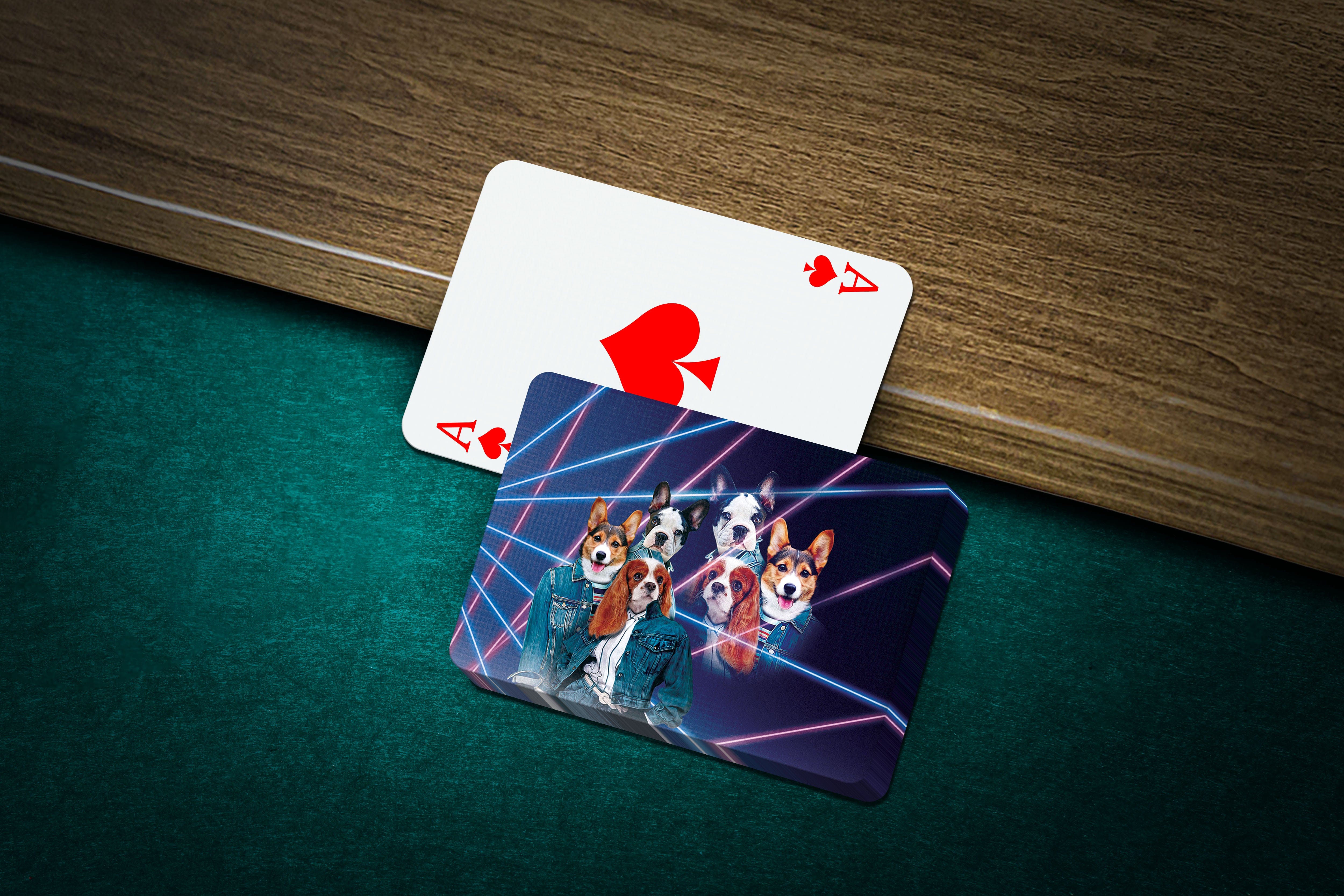 Personalized playing cards featuring six dogs in '1980's Lazer Portrait (Females)' style, with an Ace of Spades.
