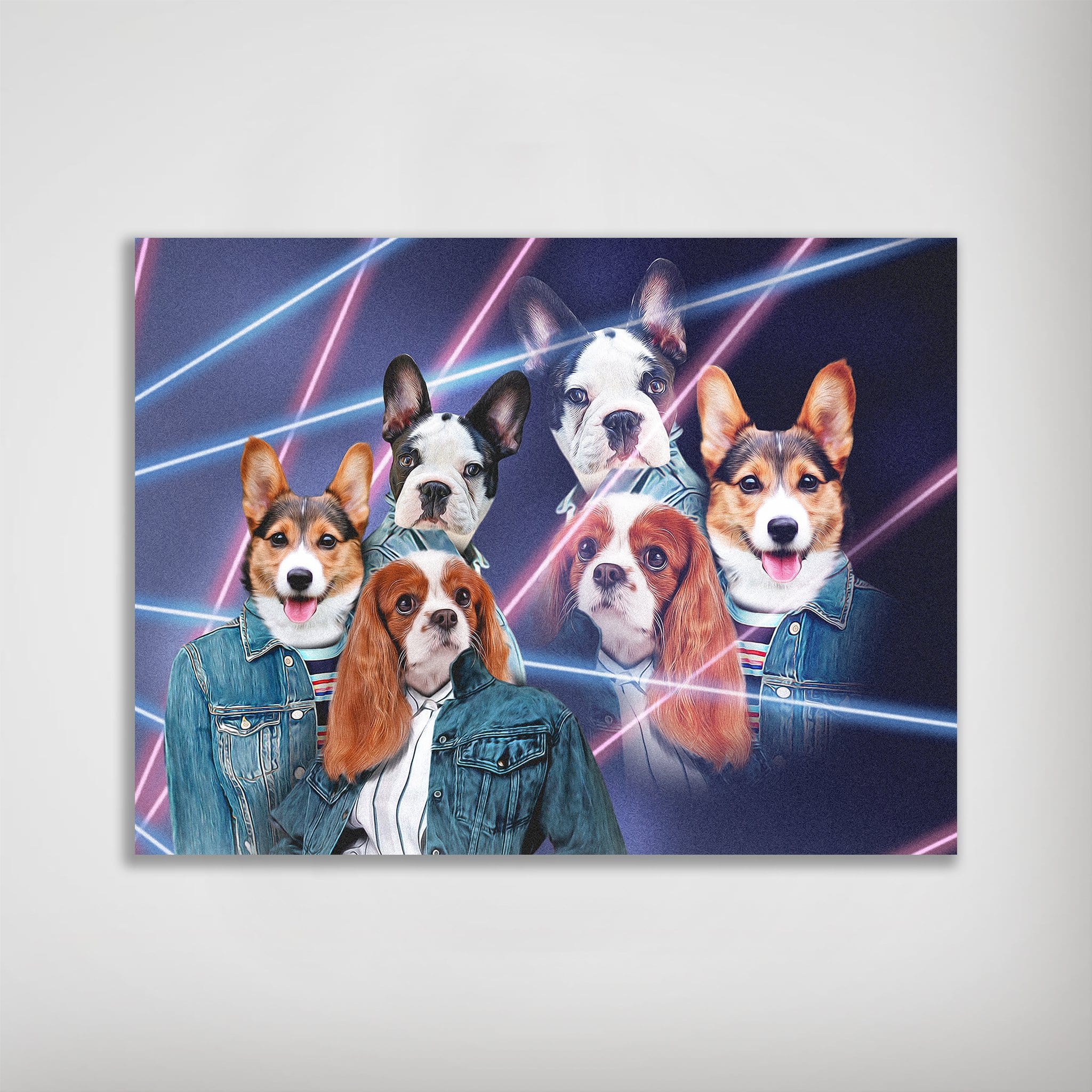 Personalized 1980s Lazer Portrait poster featuring five pets in denim jackets with neon pink and blue lasers.