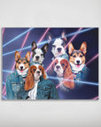 Personalized 1980s Lazer Portrait poster featuring five pets in denim jackets with neon pink and blue lasers.