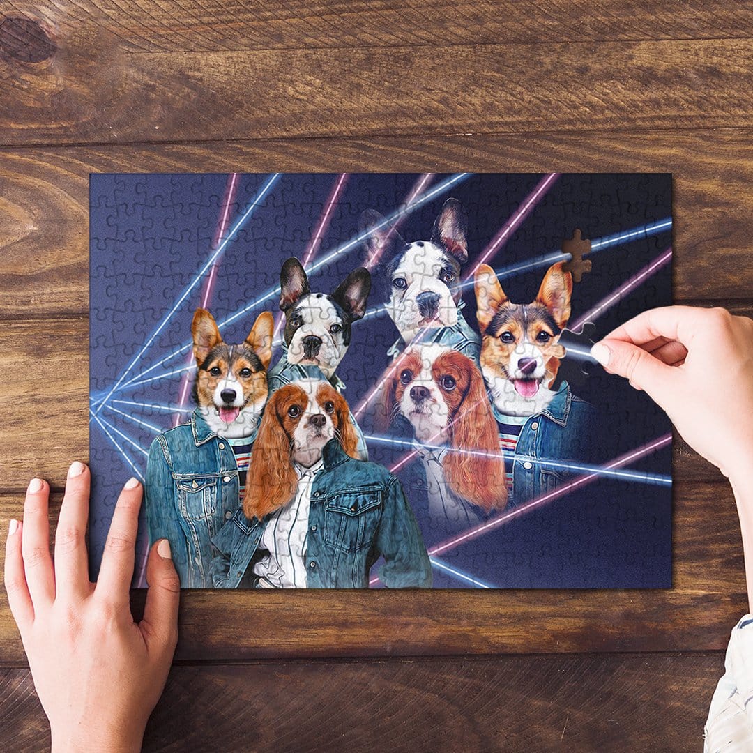 Personalized 3 pet puzzle with dogs in 1980s lazer portrait style, denim jackets, on wood.