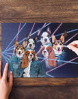 Personalized 3 pet puzzle with dogs in 1980s lazer portrait style, denim jackets, on wood.