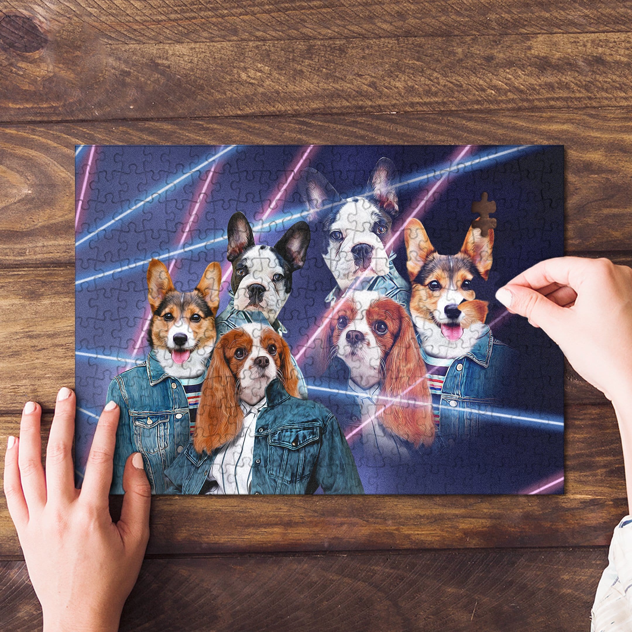 Personalized 1980s Lazer Portrait puzzle featuring five custom pet portraits in denim jackets.
