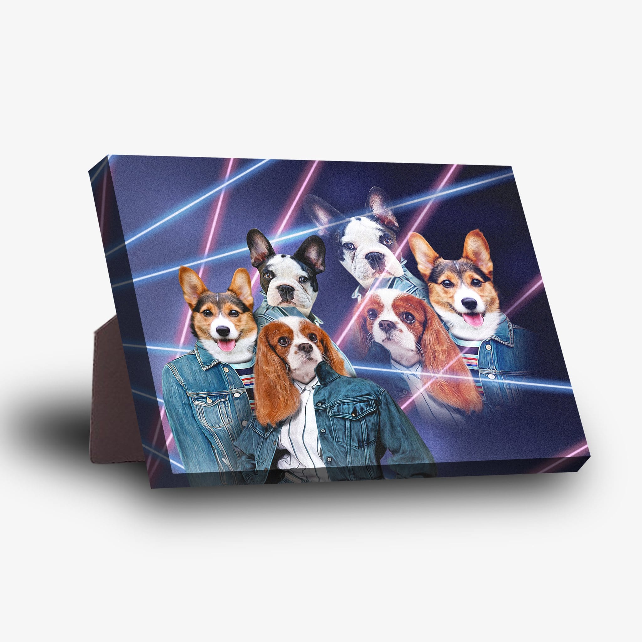 1980s Lazer Portrait (Females)' personalized canvas with three pets in denim jackets and neon lasers.