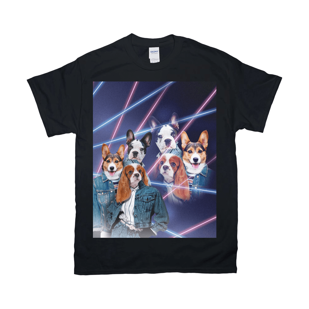 Black Gildan t-shirt with a '80s lazer portrait of three dogs and three humans in denim jackets.