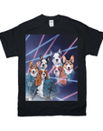 Black Gildan t-shirt with a '80s lazer portrait of three dogs and three humans in denim jackets.