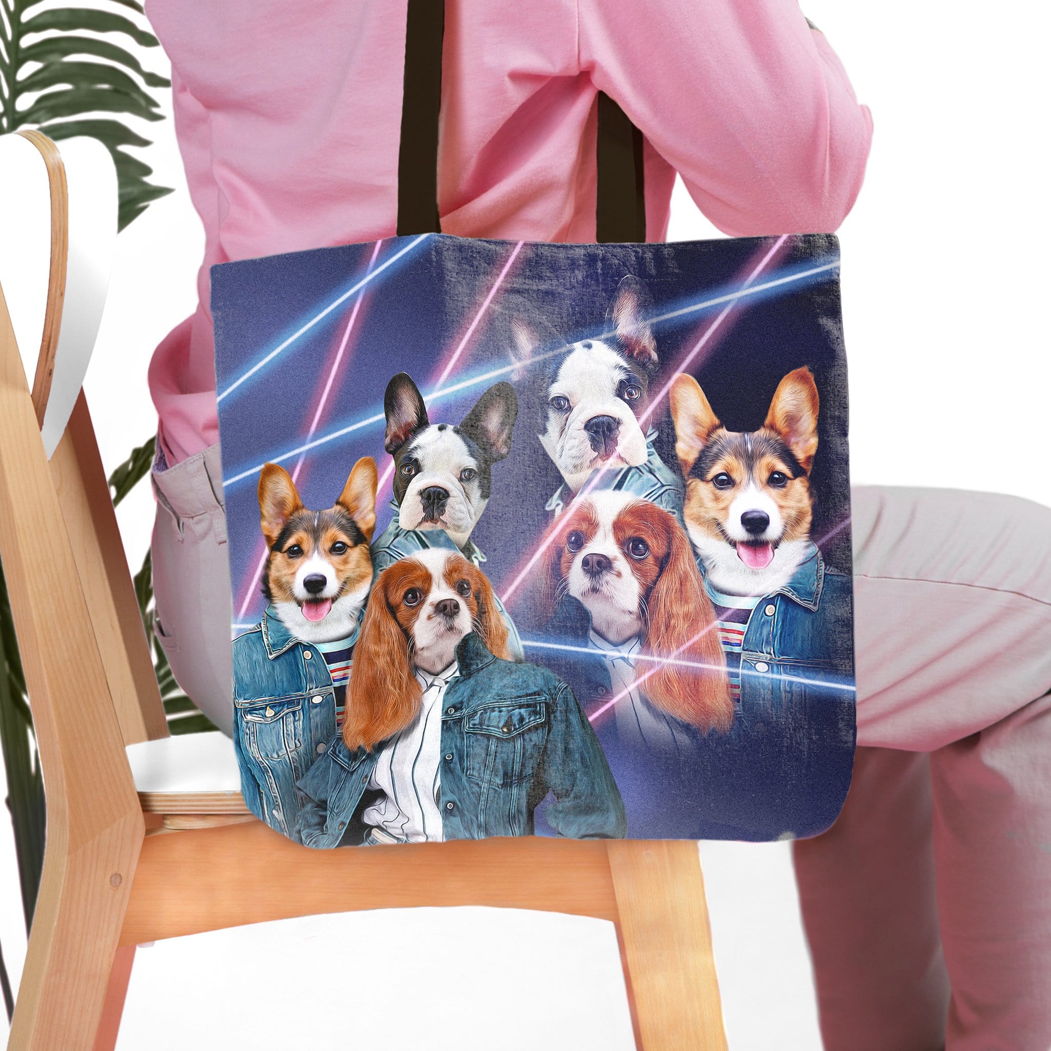 Personalized 1980s Lazer Portrait pet tote bag featuring five dogs in denim jackets.