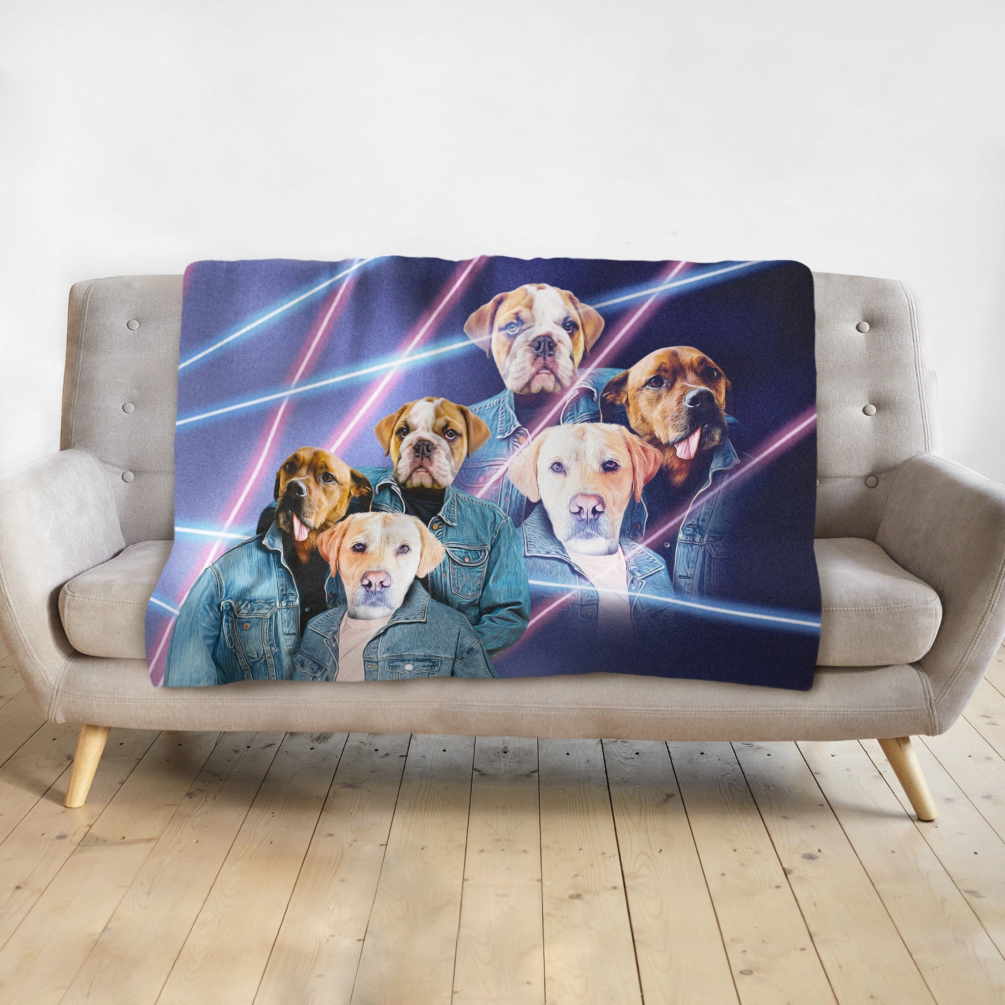 Personalized 3 pet blanket with dogs in 80s lazer portrait style, wearing denim jackets.