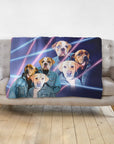 Personalized 3 pet blanket with dogs in 80s lazer portrait style, wearing denim jackets.