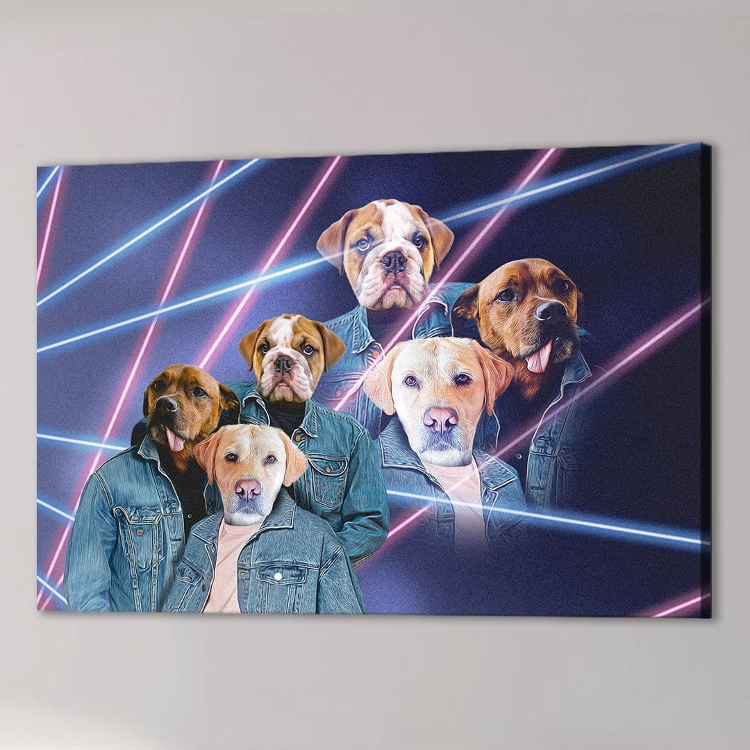 Six dogs in denim jackets on a dark canvas with pink and blue neon laser lines.