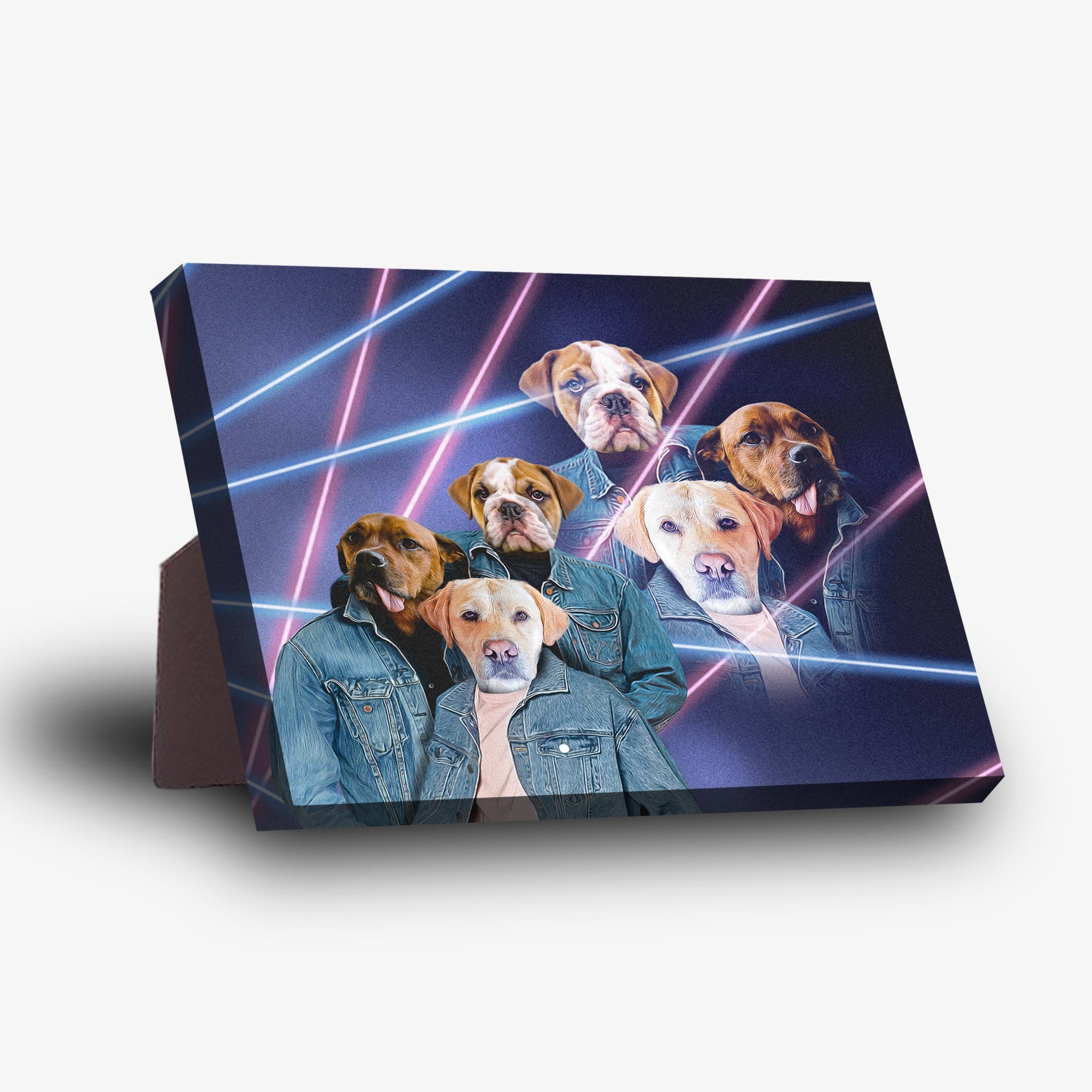Personalized 3 pet standing canvas with dogs in 80s lazer portrait style, wearing denim jackets.