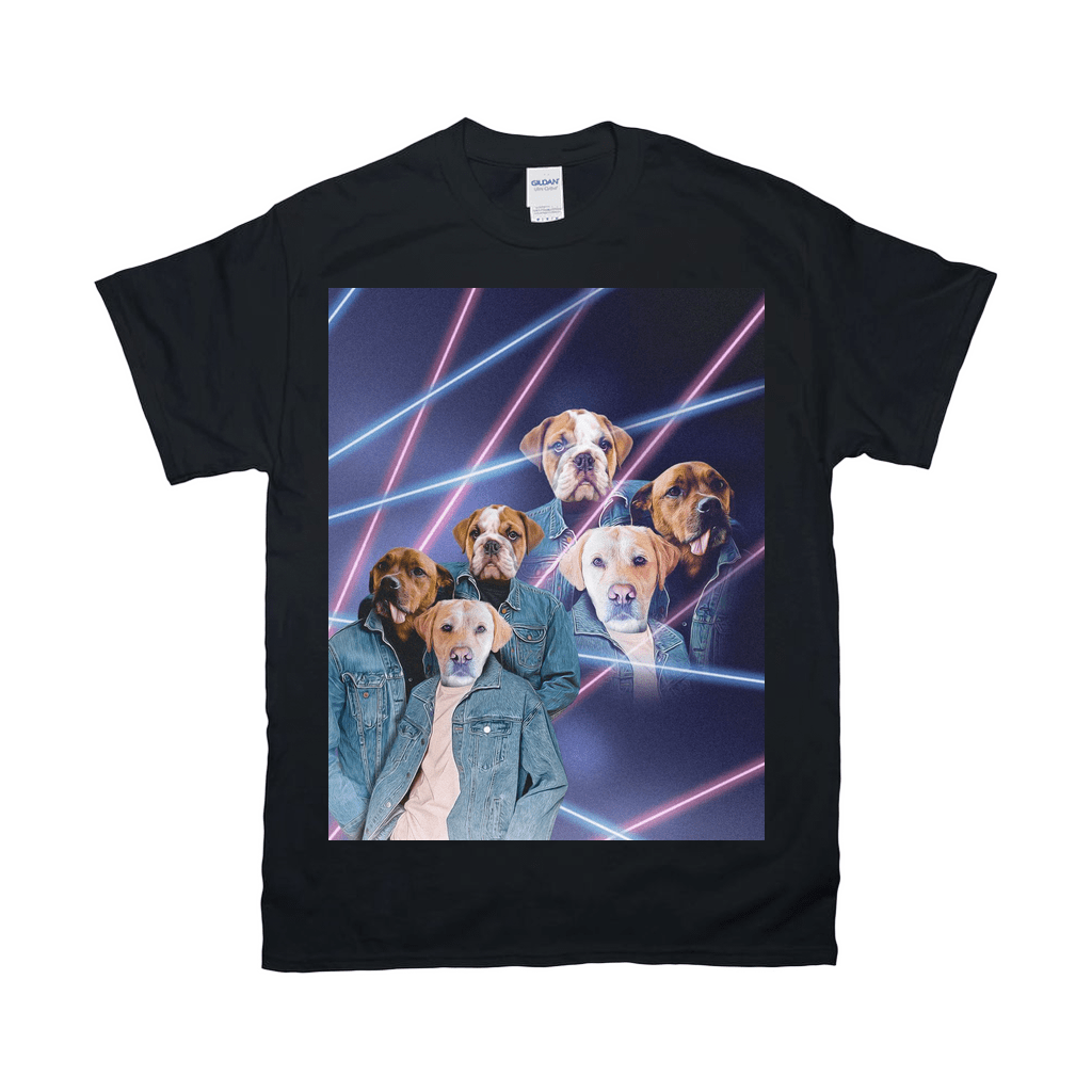 Black Gildan t-shirt with a "1980's Lazer Portrait (Males)" design featuring six dogs in denim jackets.