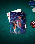 Personalized playing cards featuring two dogs in 1980s lazer portrait style on a green felt table.