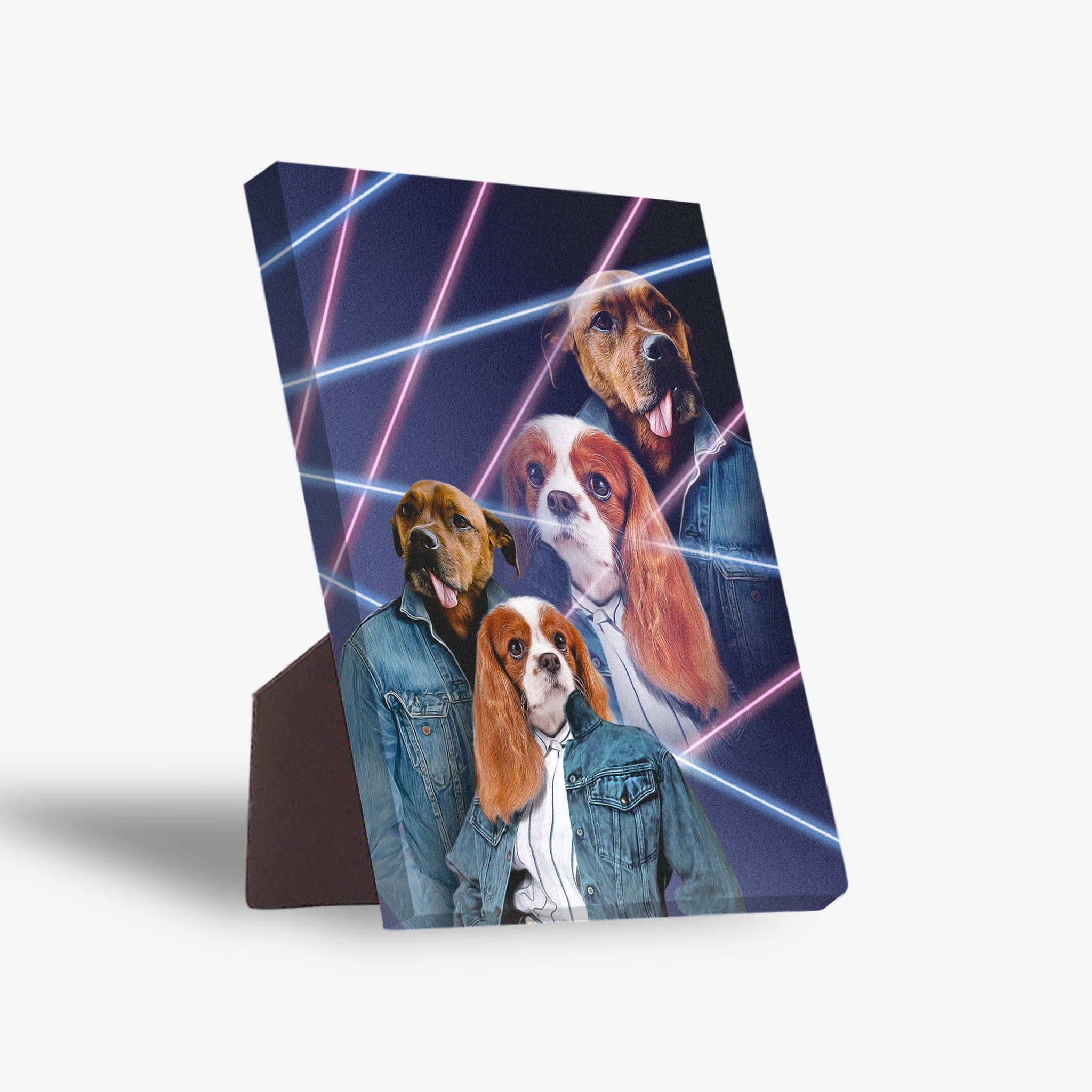 Personalized 2-pet standing canvas with a retro 1980s lazer portrait design featuring four dogs in denim jackets.