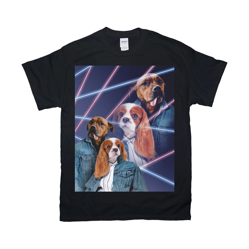 Black Gildan t-shirt with a '1980s Lazer Portrait' design featuring two dogs in denim jackets.