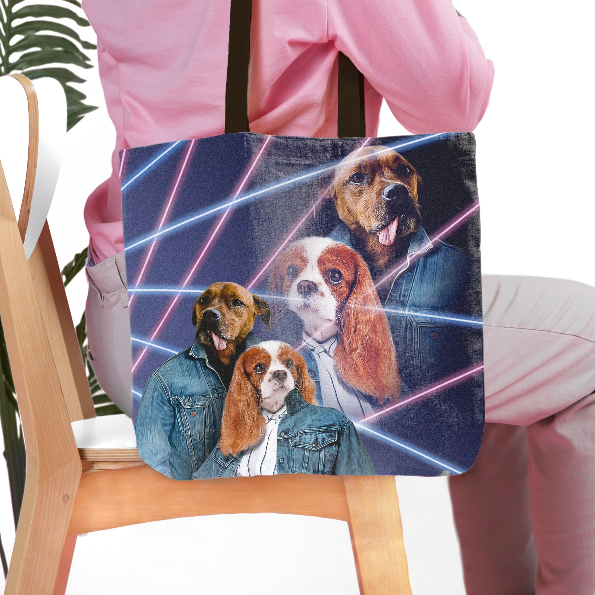 Personalized 1980s Lazer Portrait 2-pet tote bag featuring two Cavalier King Charles Spaniels and two Golden Retrievers.